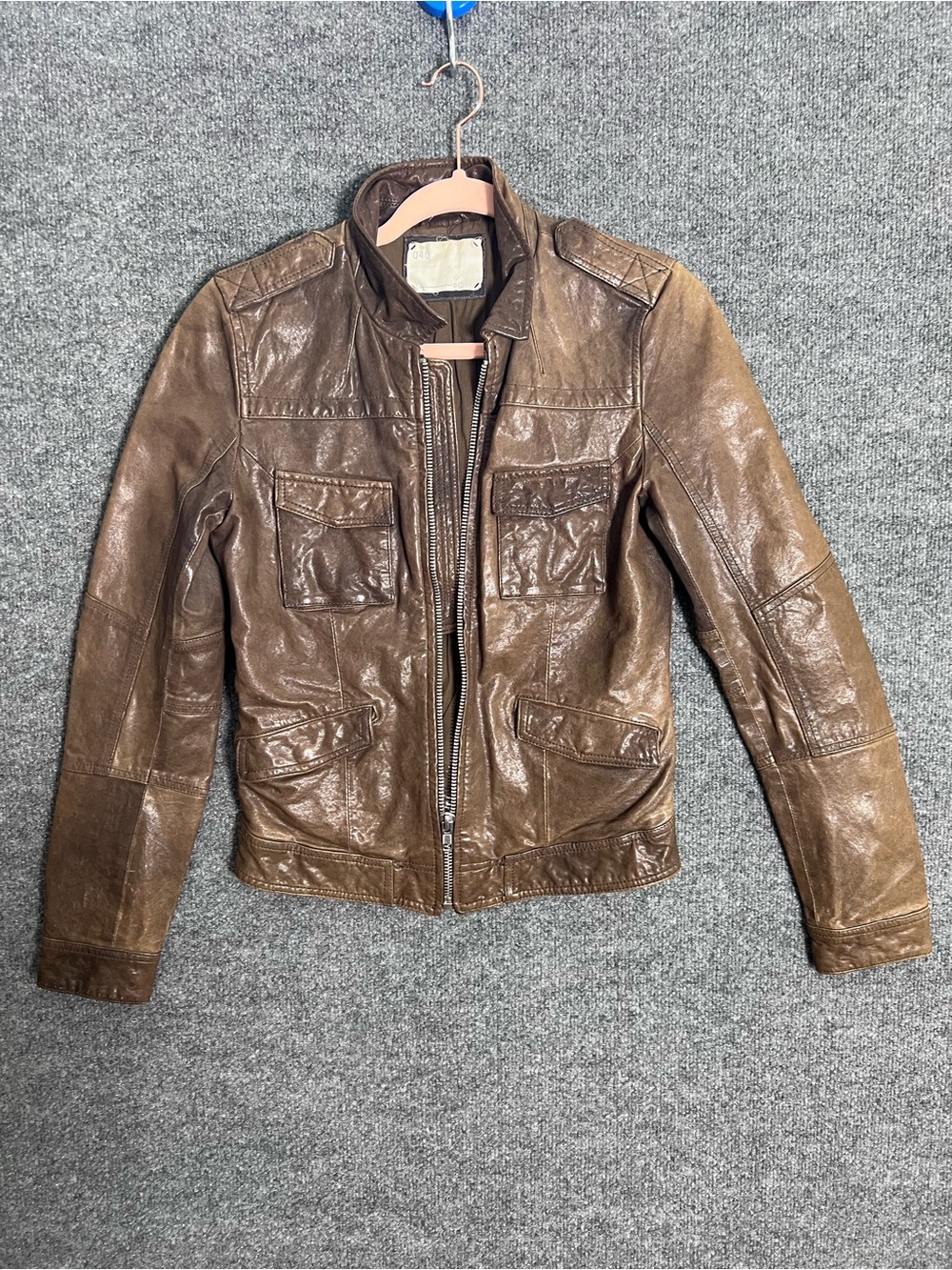 Q40 Women’s Small Brown 100% Leather Moto Utility Jacket Distressed 4 Pocket